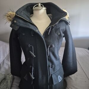 Garage Black Hooded Pea Coat with Faux Fur Trim